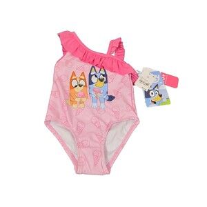 Bluey Toddler Girls One‑Piece Swimsuit Pink 12M NWT UPF 50+ Ruffle One‑Shoulder